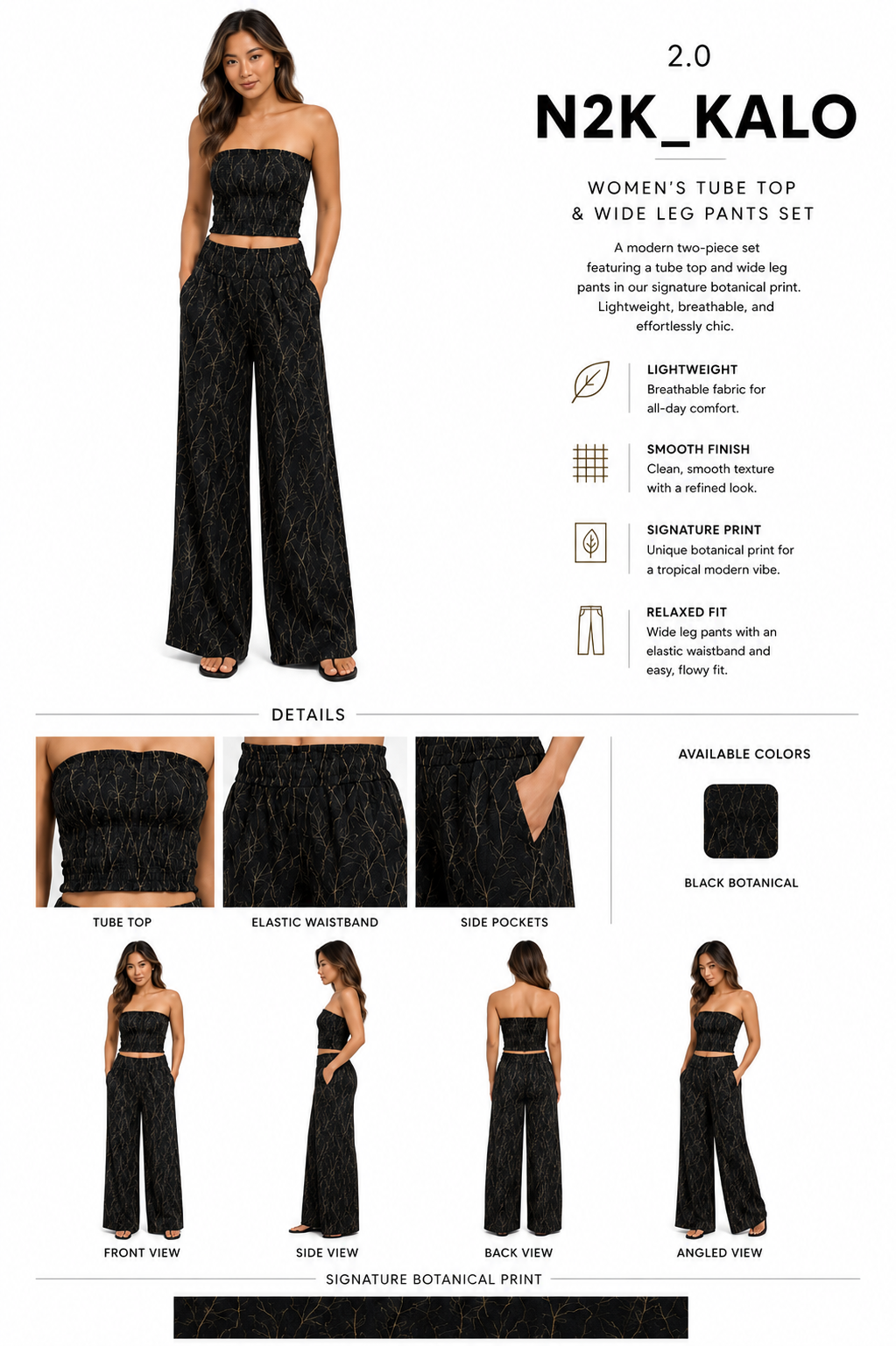 2.0 KALO WOMEN'S TUBE TOP & WIDE LEG PANTS SET